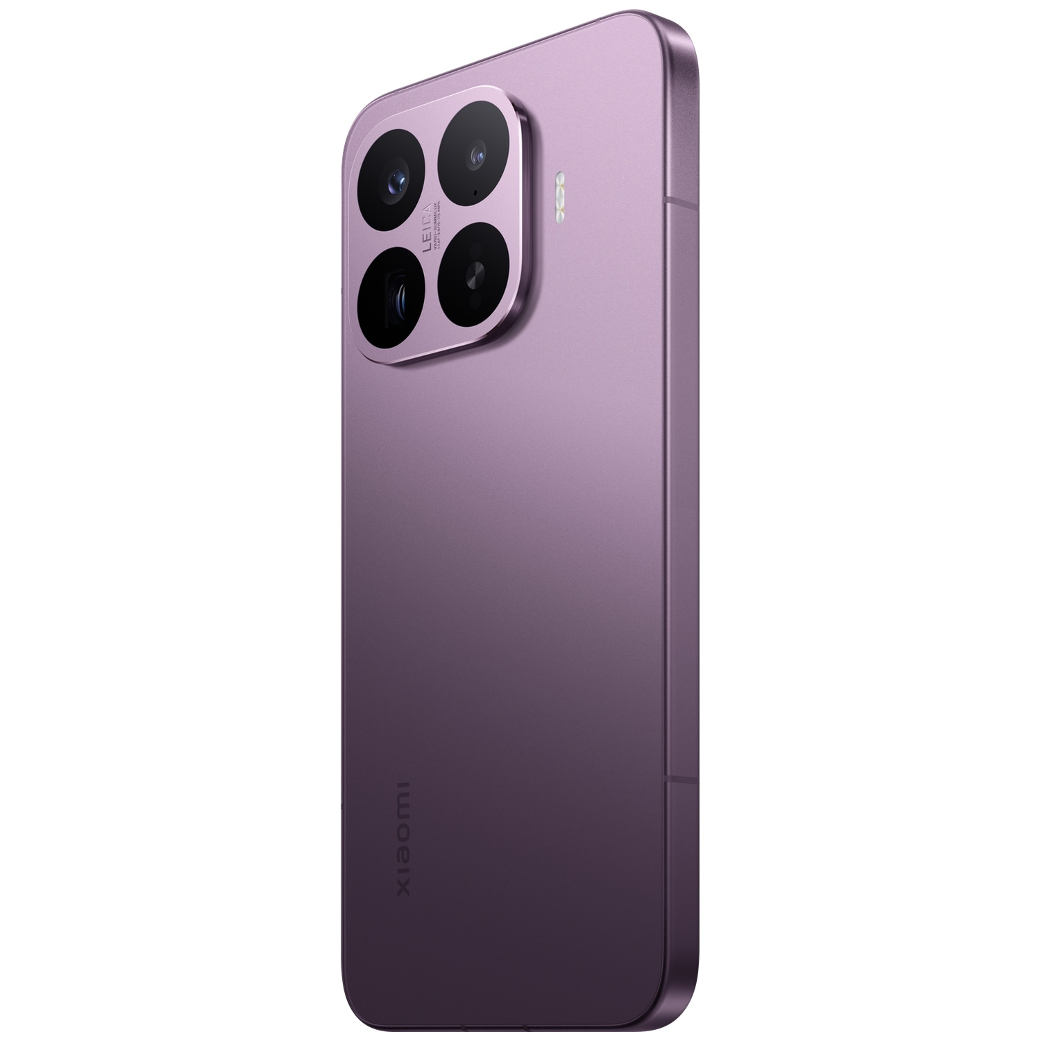 Purple smartphone with four cameras and Leica branding, Xiaomi logo on back.
