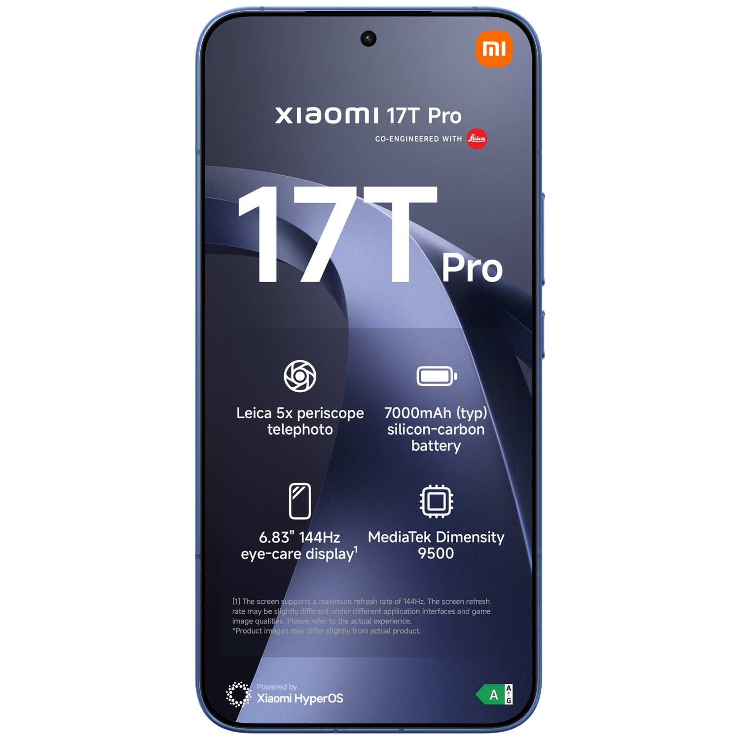 Blue Xiaomi 17T Pro with Leica camera, 7000mAh battery, 144Hz display.