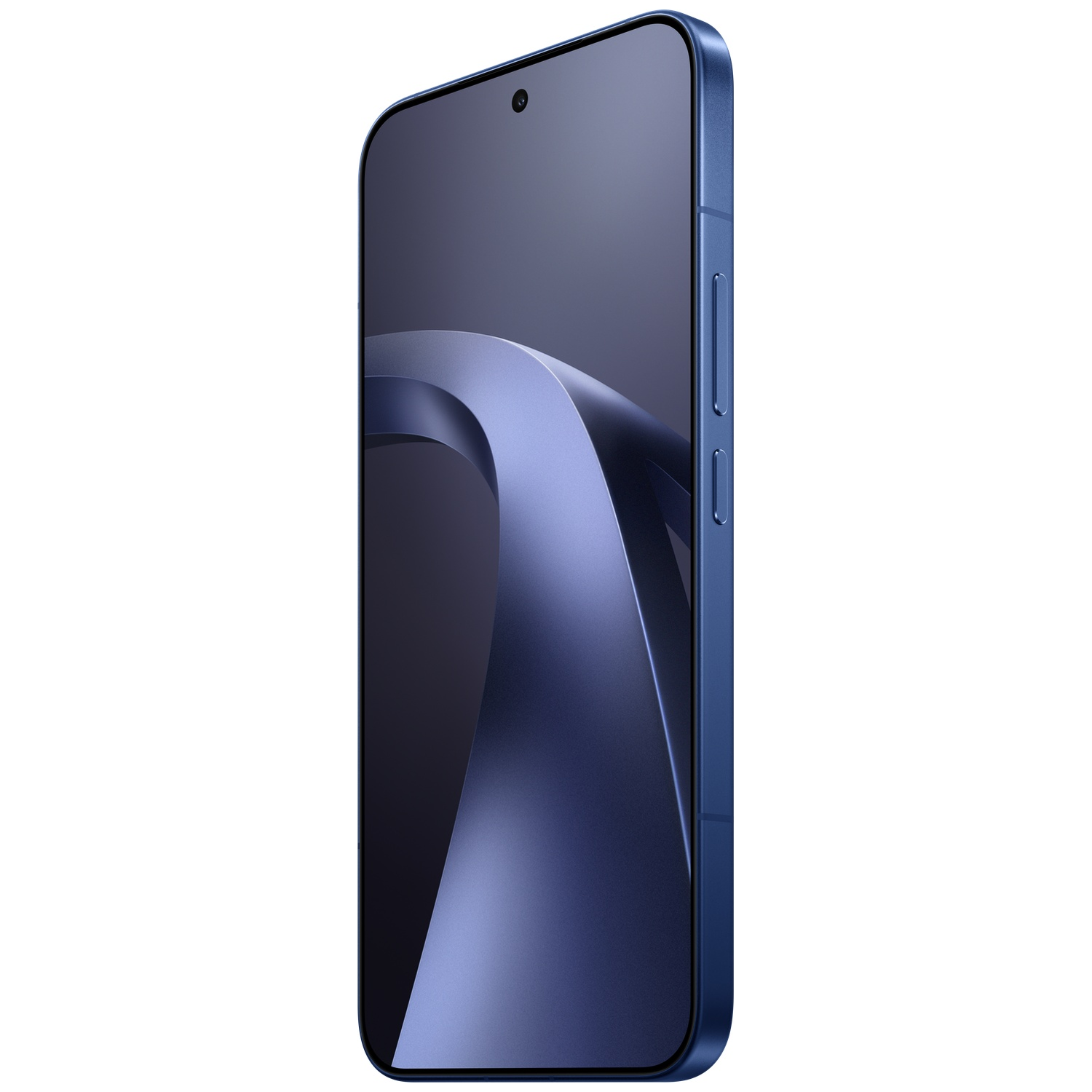 A blue smartphone with a dark, abstract background on its screen.