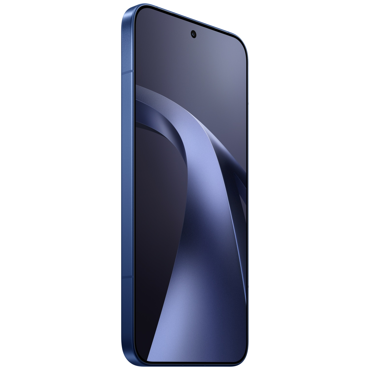 A blue smartphone with a dark, abstract background on its screen.