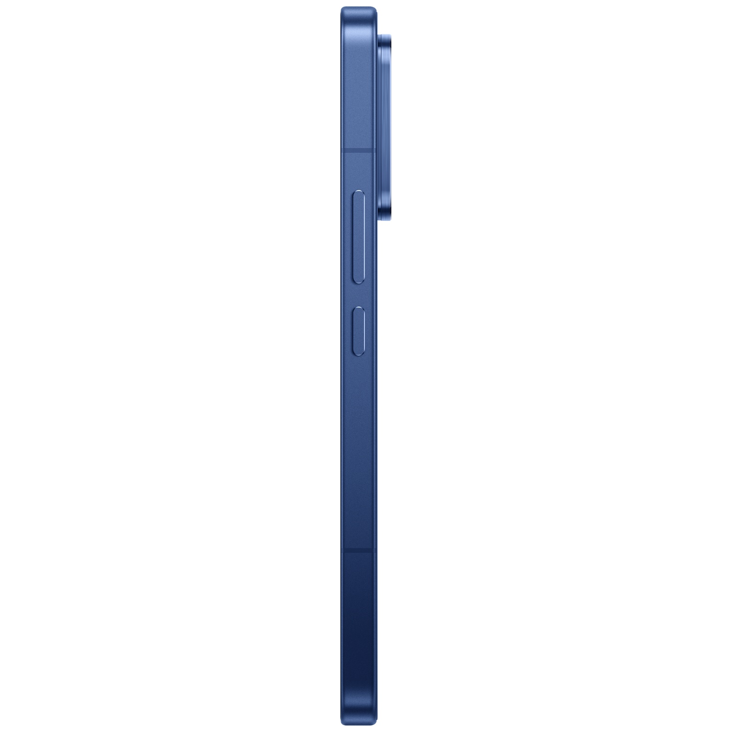 Dark blue smartphone, side view showing volume buttons.