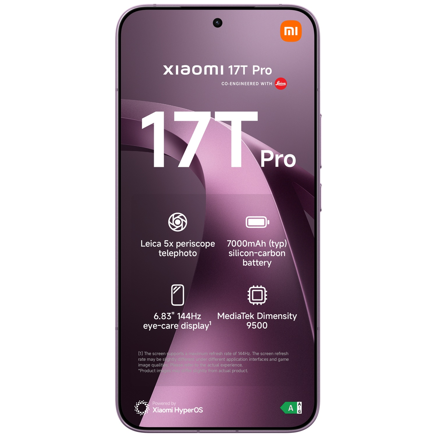 Xiaomi 17T Pro phone with Leica 5x telephoto, 7000mAh battery, 144Hz display.