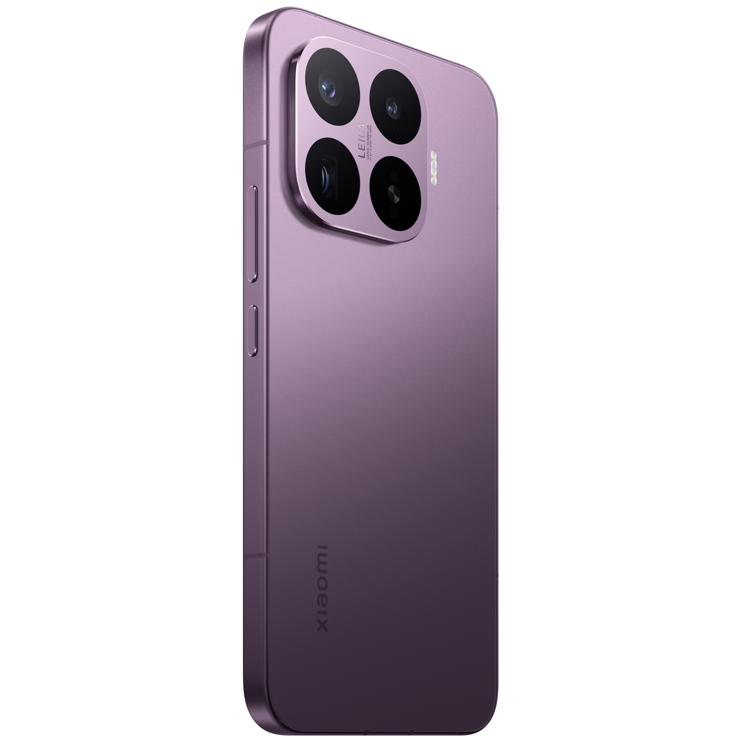 Purple smartphone with Leica camera and Xiaomi logo on a white background.