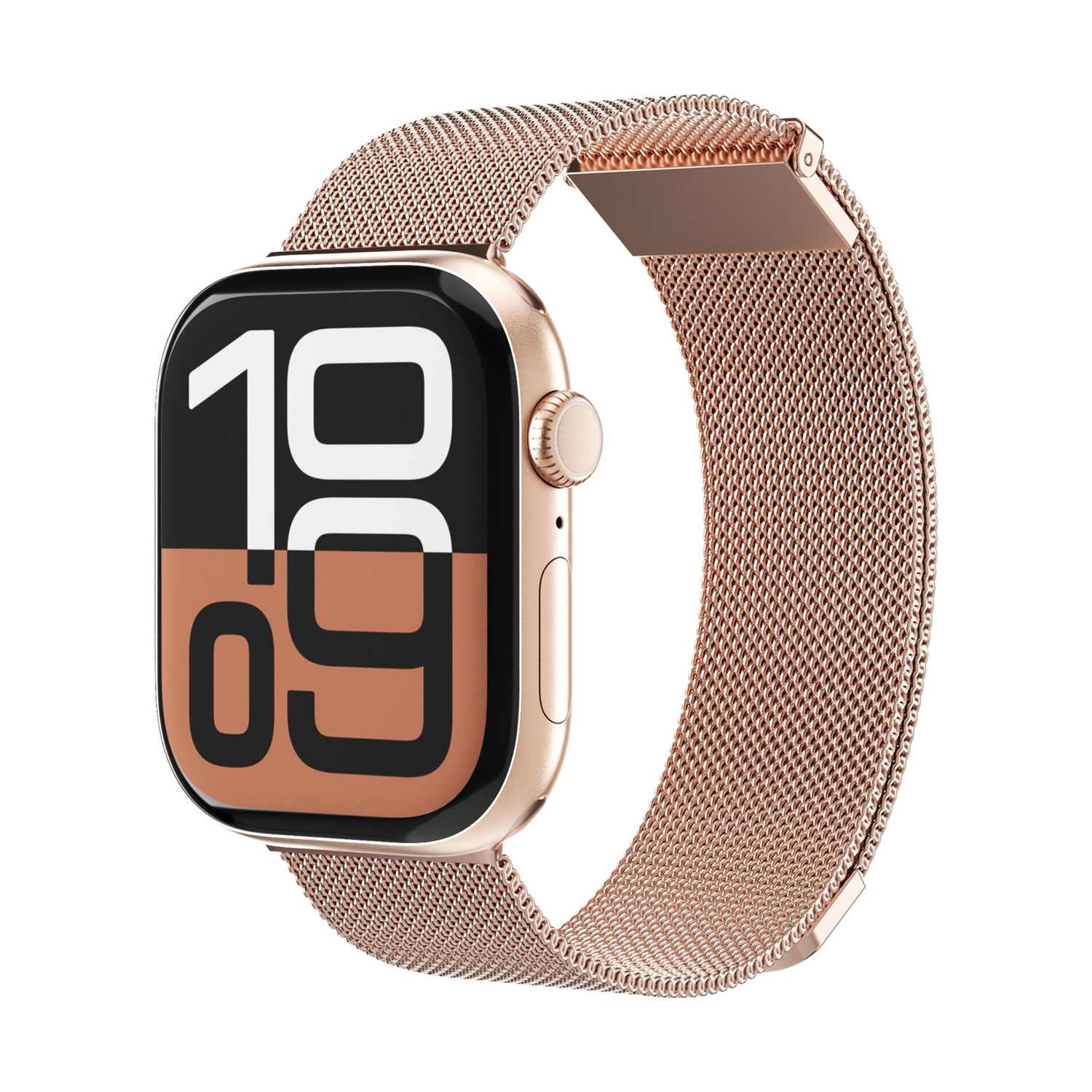 Uno smartwatch dorato con cinturino milanese, isolato su sfondo bianco.