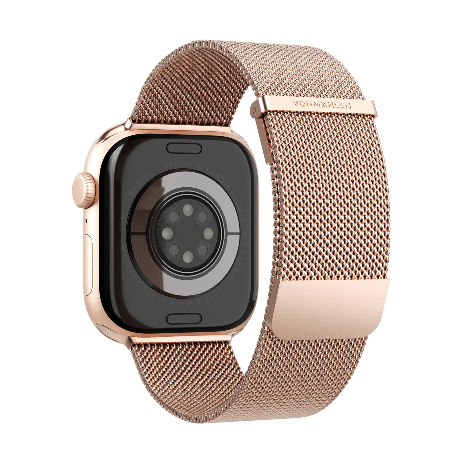 Uno smartwatch color oro rosa con cinturino milanese, retro in vetro.