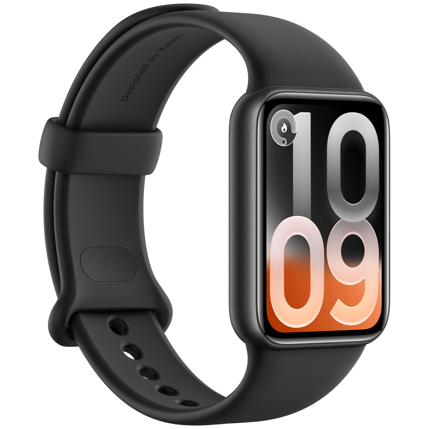 Zwarte smartwatch met digitale weergave van 10:09 en een waterdruppelicoon.