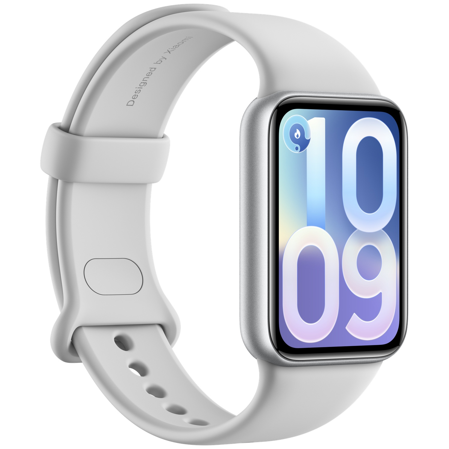 Een witte smartwatch met zilveren frame toont 10:09.