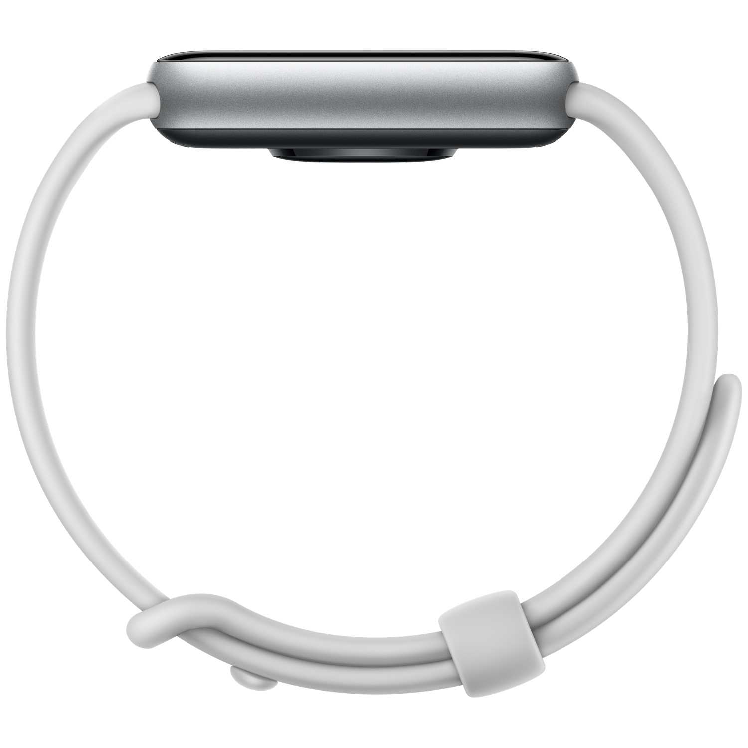 Zilverkleurig smartwatch met witte band, zijaanzicht.