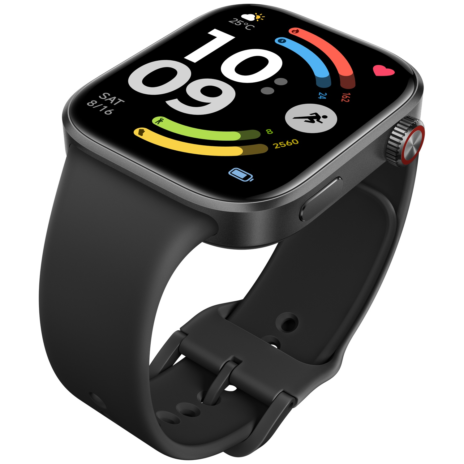 Een zwarte smartwatch toont de tijd 10:09, datum, hartslag en activiteitsstatistieken.