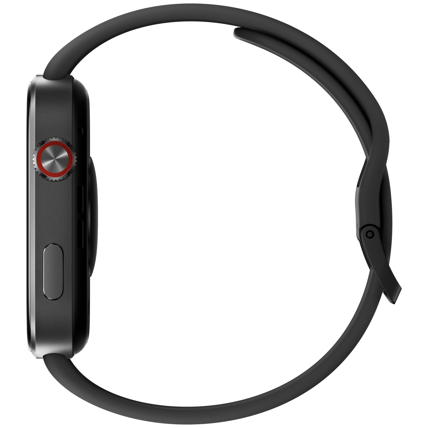 Grijze smartwatch met zwart bandje, zijaanzicht.