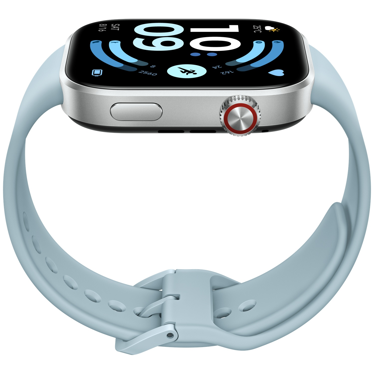 A sleek, light blue smartwatch with a silver casing and a display showing the time.