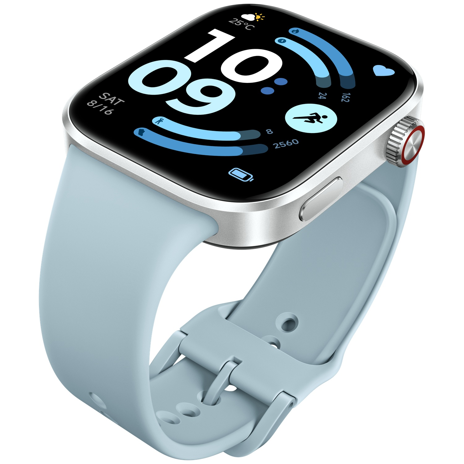 A light blue smartwatch with a silver case and digital display.