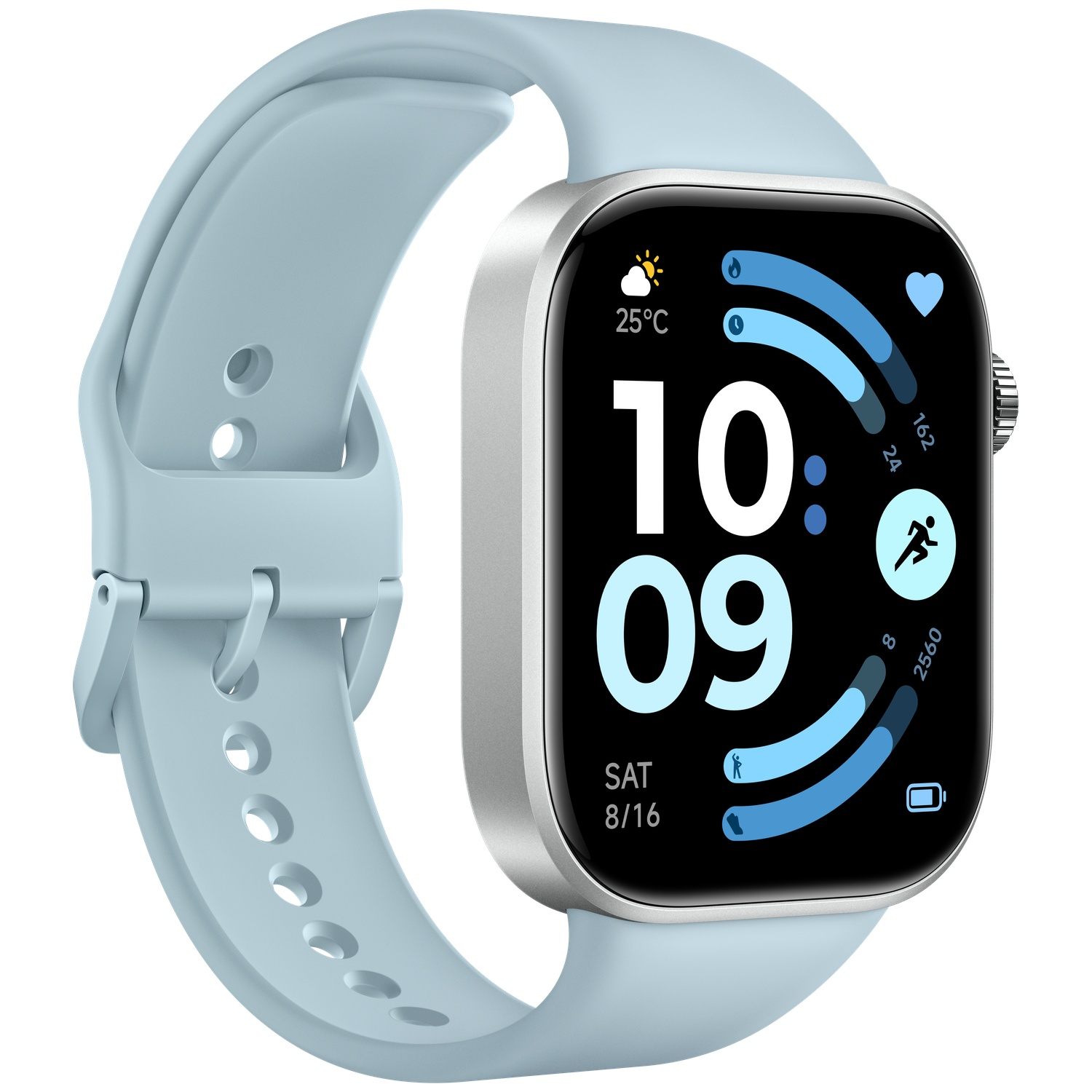 A light blue smartwatch with a silver case displays 25°C and 10:09 on its screen.