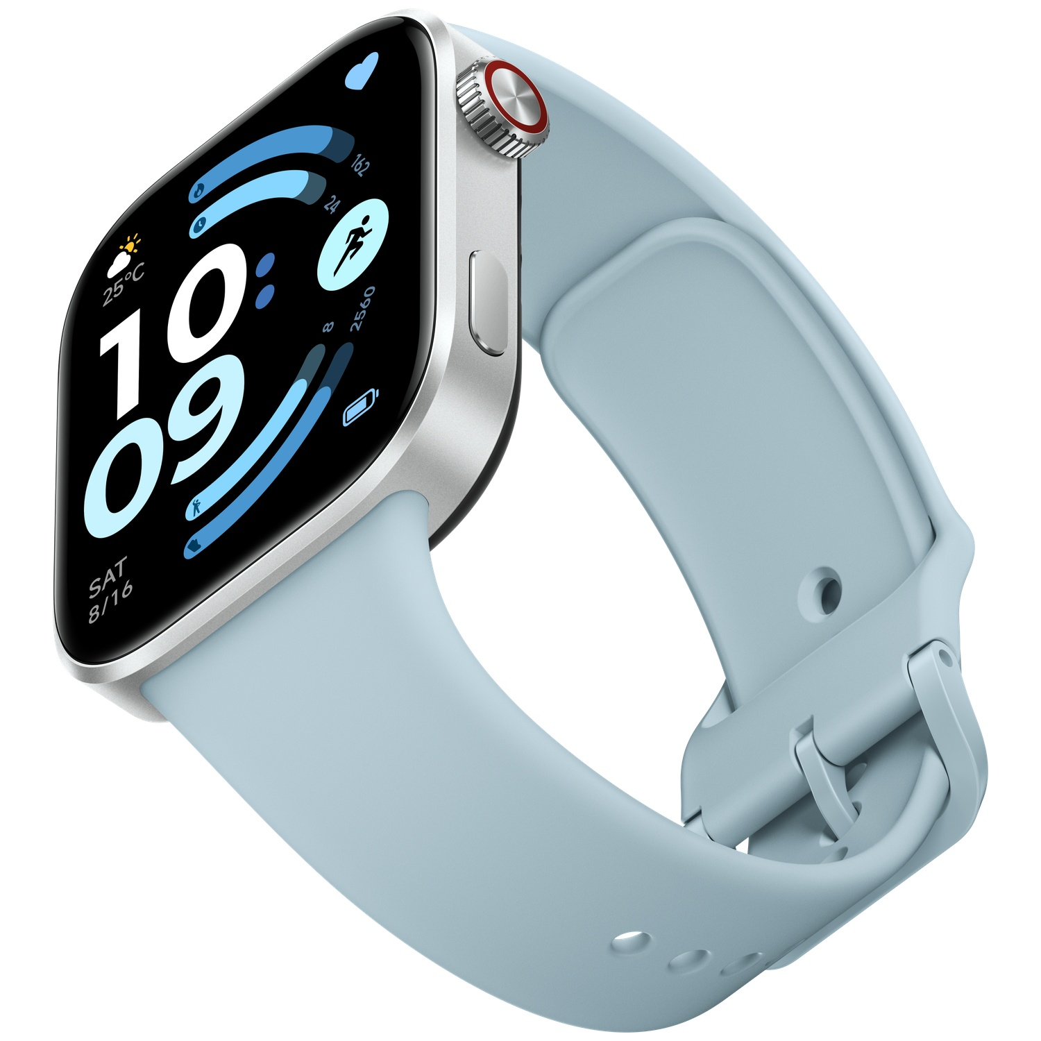 Silver smartwatch with a light blue band, displaying 10:09 time, 25°C, weather, activity.