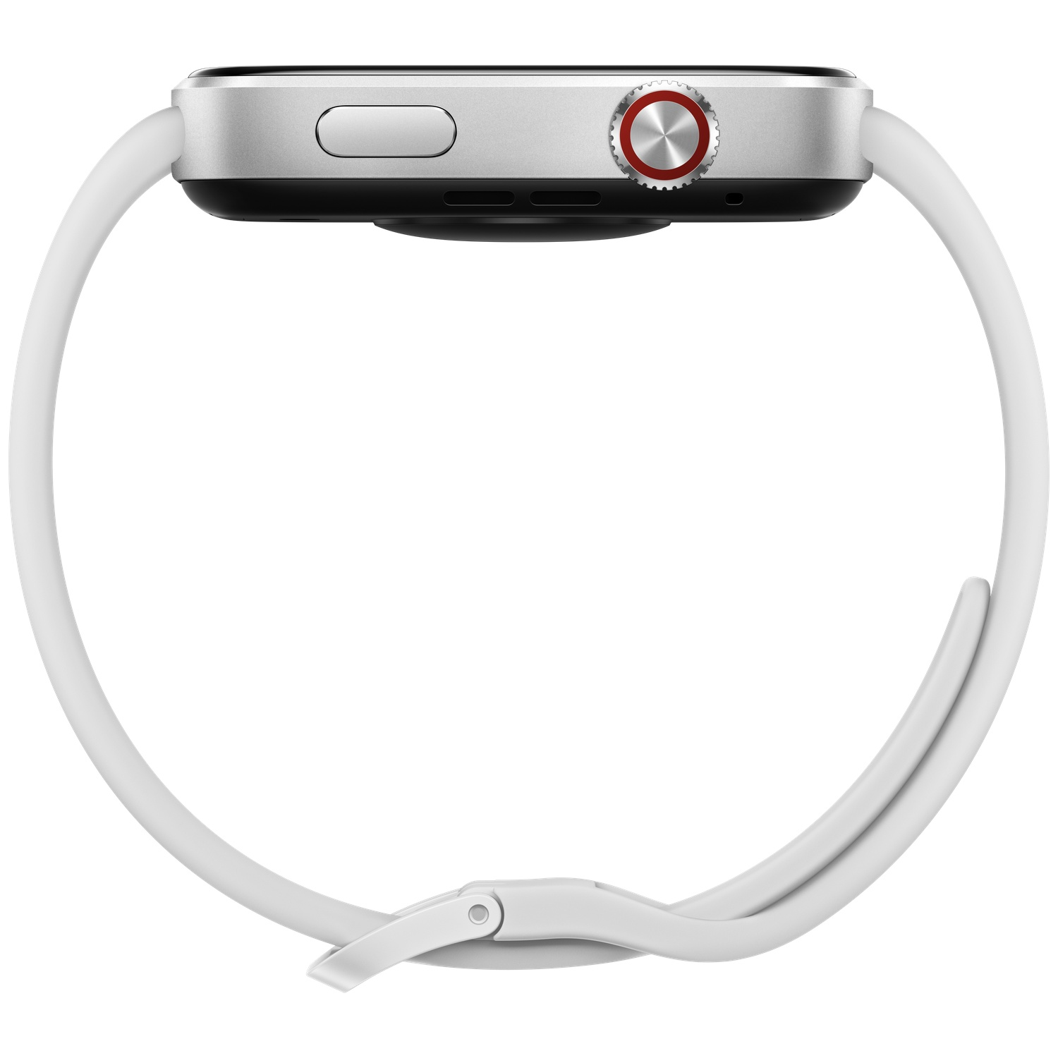 Een zilveren smartwatch met witte band en rood accent op de wijzerplaat.