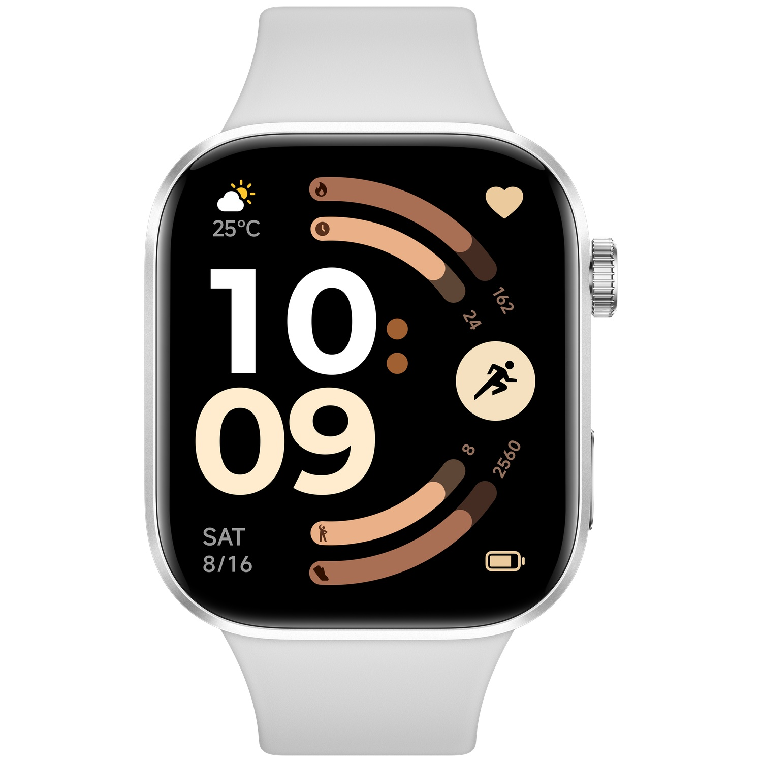 Een witte smartwatch toont 10:09, weer, hartslag, stappen en batterij.