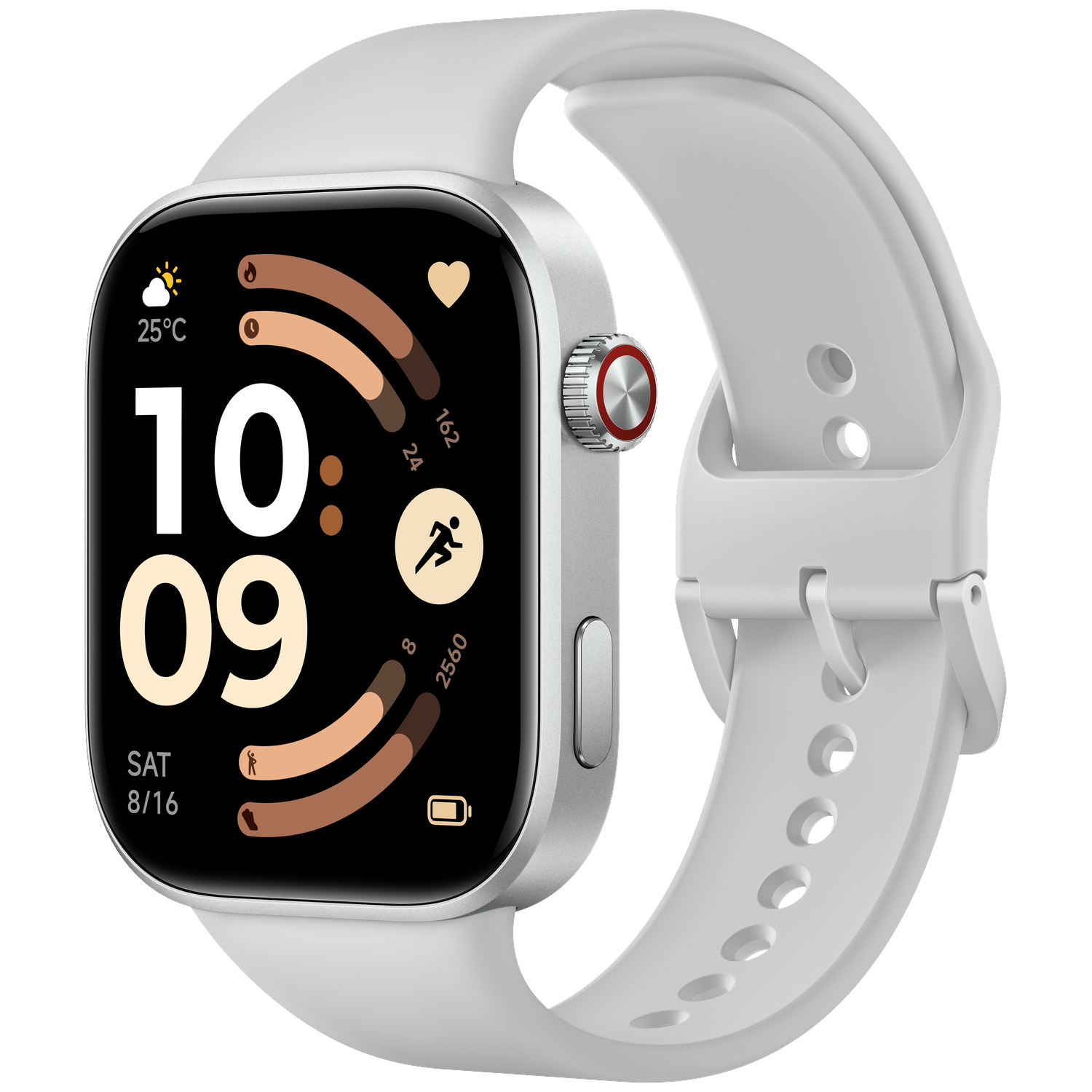 Zilveren smartwatch met witte band toont 10:09, 25°C en fitnessstatistieken.
