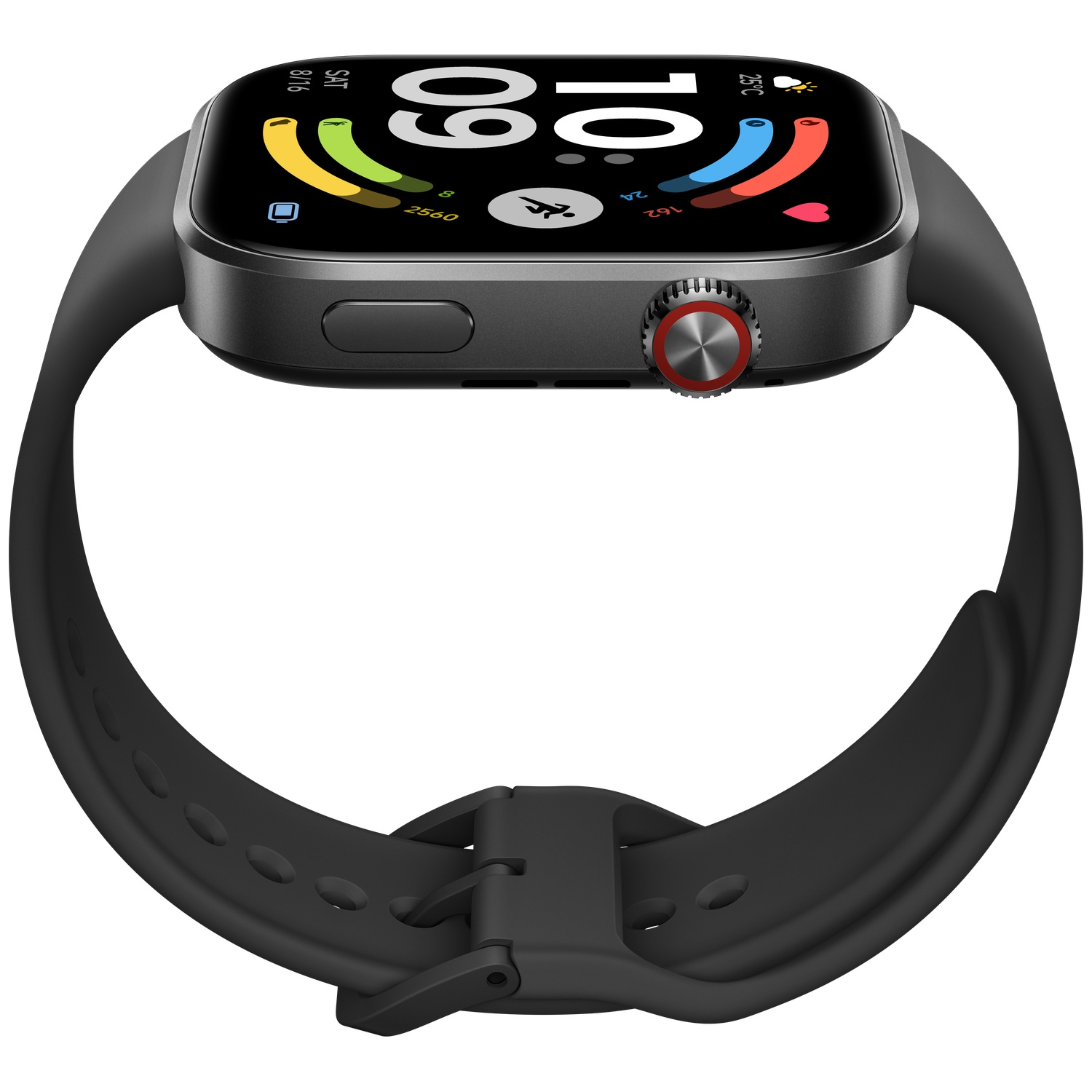 Een zwarte smartwatch met een digitaal display dat tijd, datum en fitnessstatistieken toont.