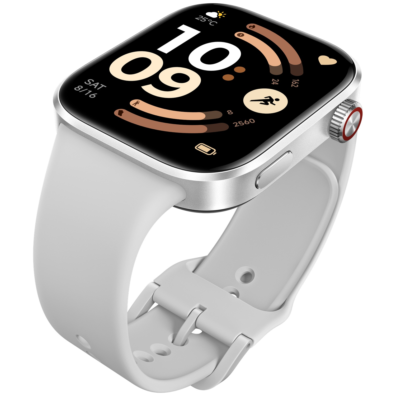 Zilveren smartwatch met wit bandje, toont 10:09, 25°C en activiteitsgegevens.