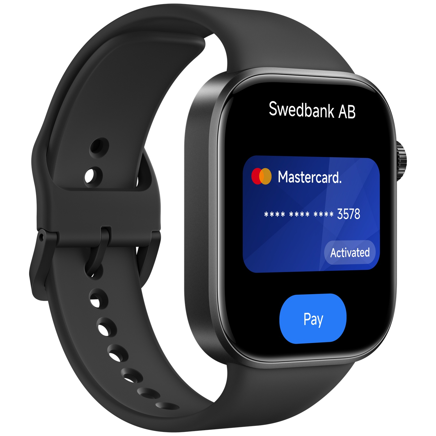 Een zwarte smartwatch toont een digitale Mastercard van Swedbank AB met geactiveerde betaalfunctie.