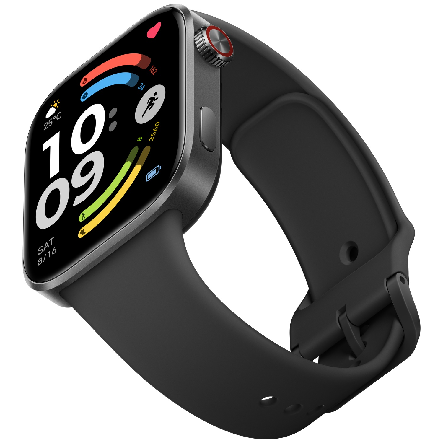 Een grijze smartwatch met zwart bandje toont 10:09, weer en fitnessgegevens.