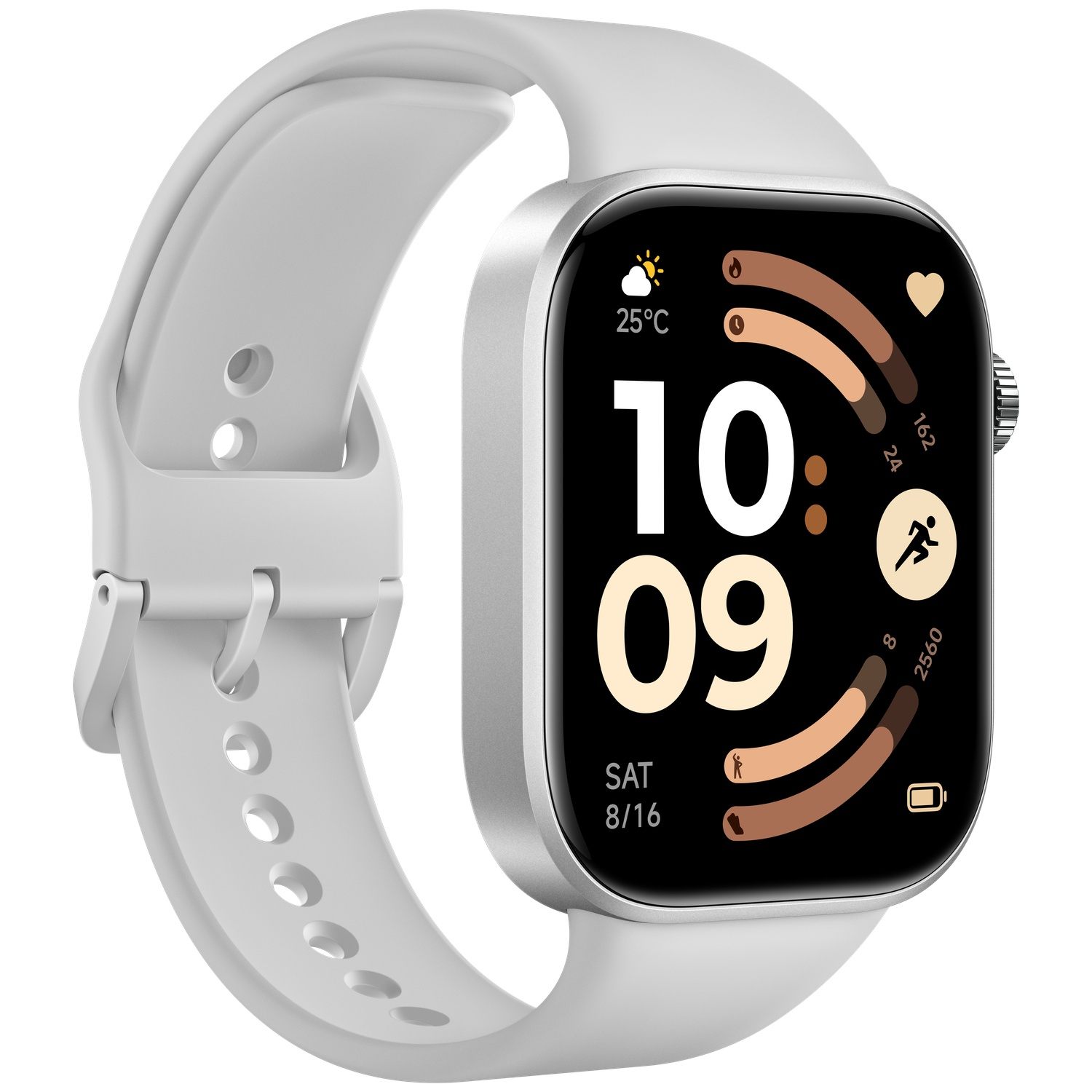 Zilveren smartwatch met witte band en donker scherm waarop 10:09 staat.