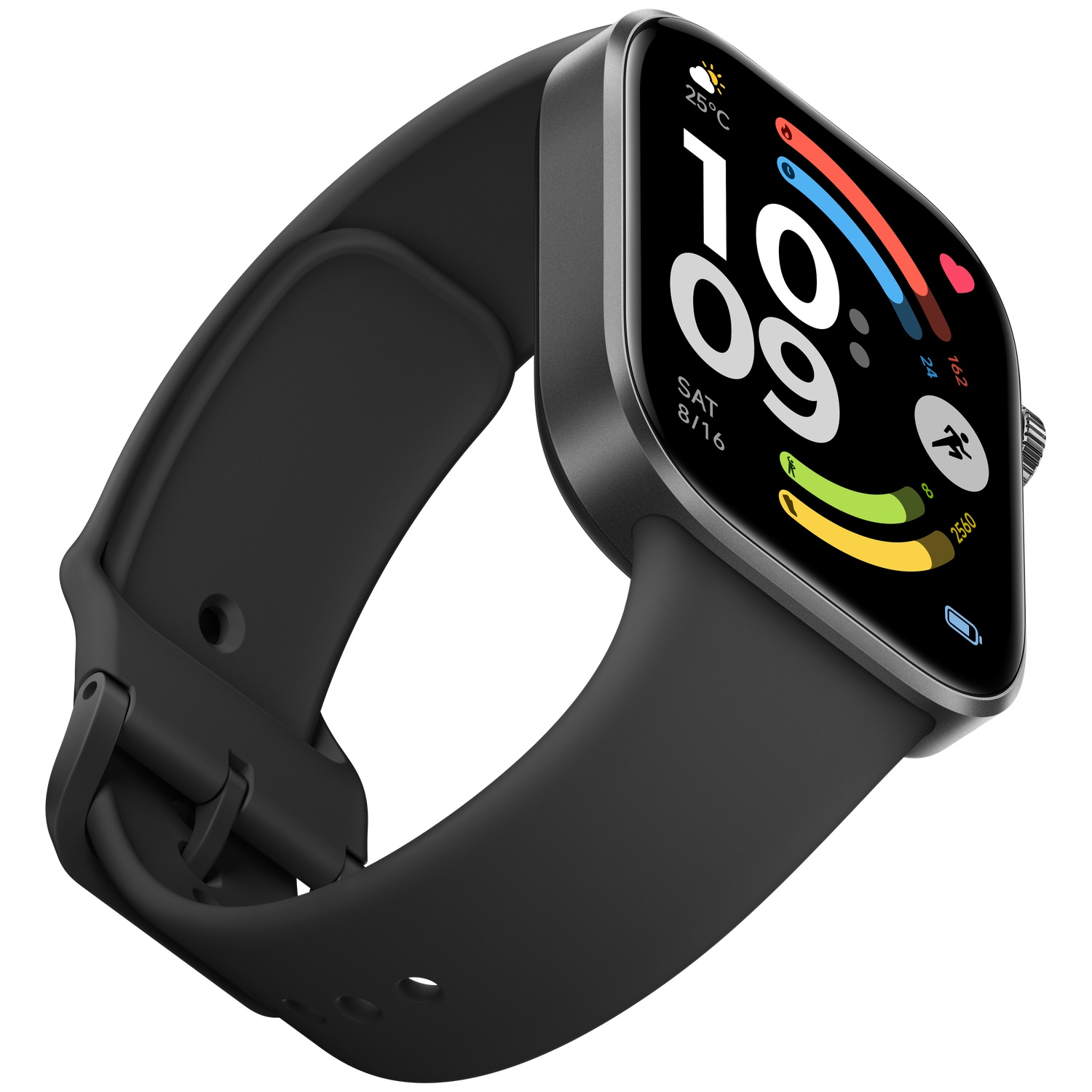 Een zwarte smartwatch met een digitaal display waarop tijd, datum en fitnessstatistieken staan.