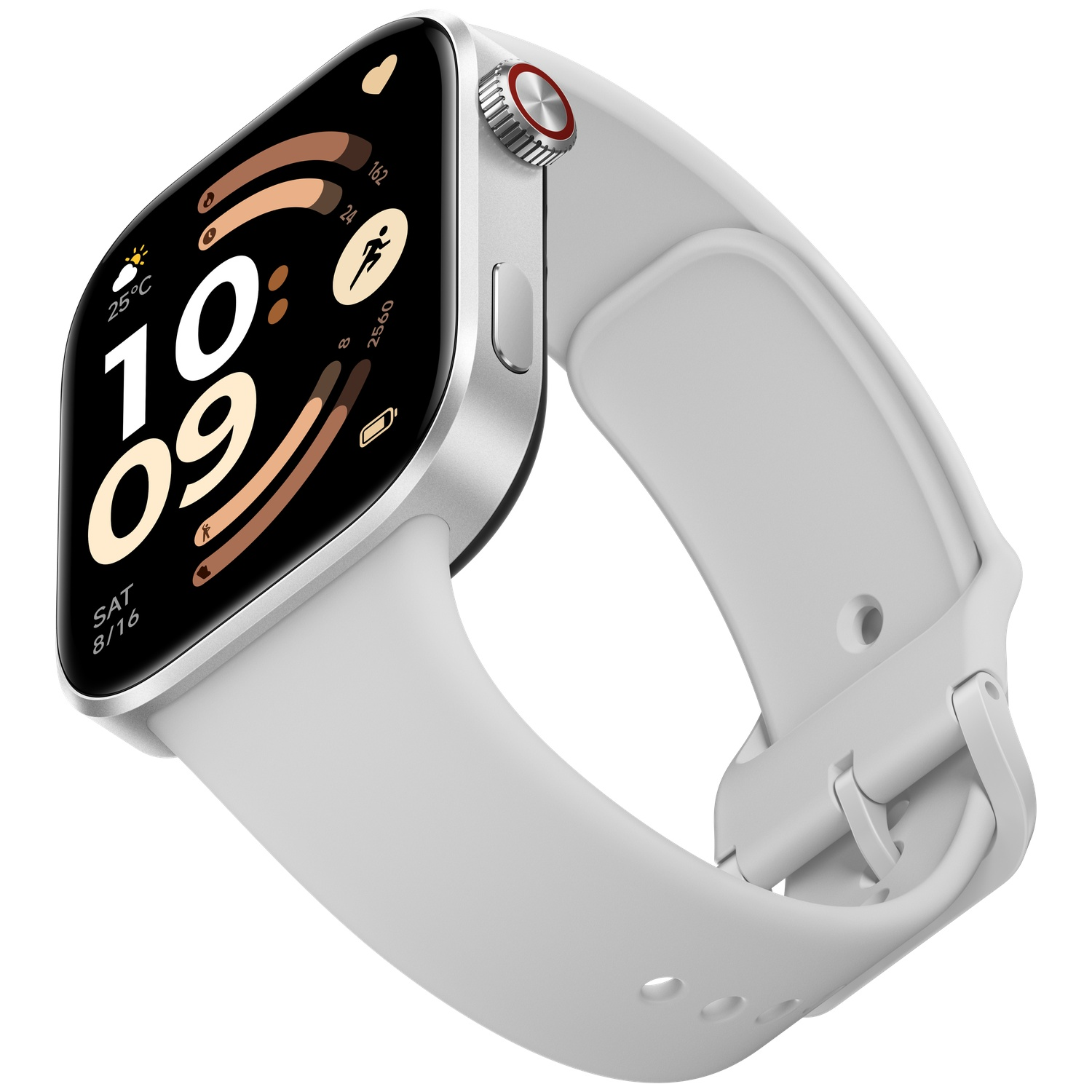 Moderne smartwatch met wit bandje en zilveren behuizing. Toont tijd en fitnessgegevens.
