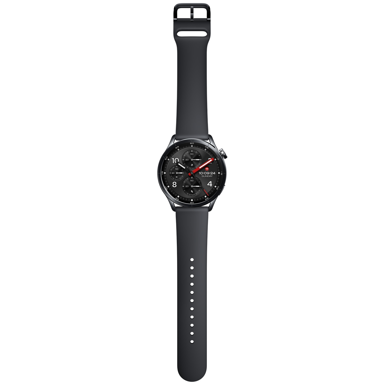 Een donker smartwatch met een rond display en zwarte band.