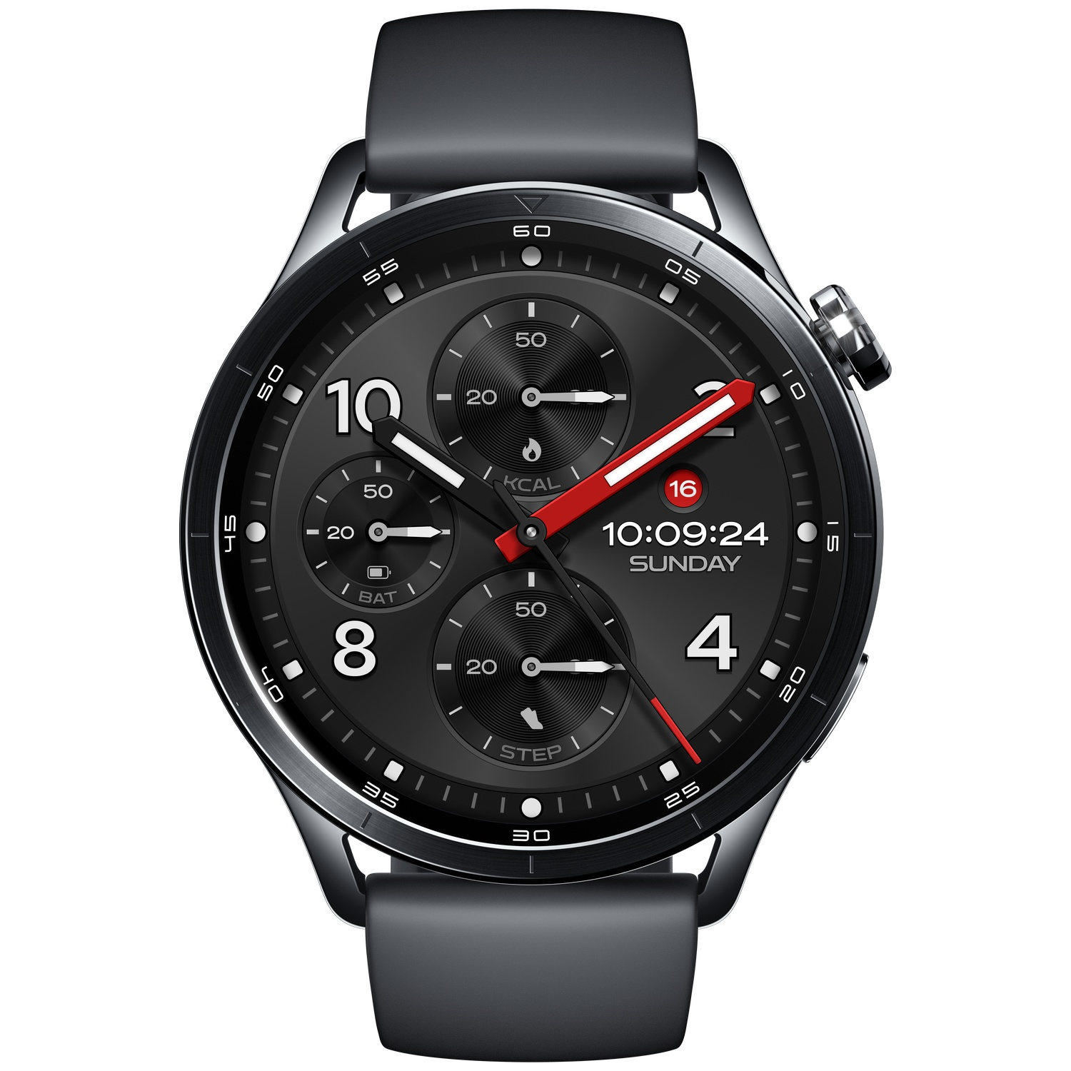 Close-up van een zwarte smartwatch met zilveren rand en donker wijzerplaat.
