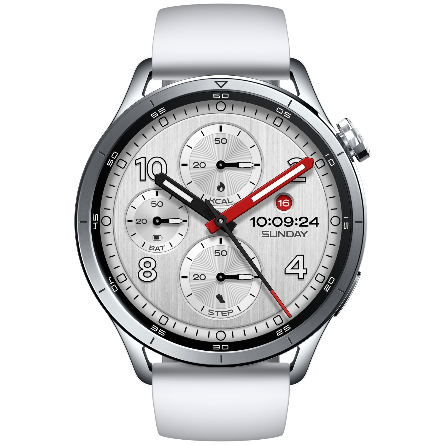 Een zilverkleurig smartwatch met witte band, zilverkleurige wijzerplaat en rode accenten.