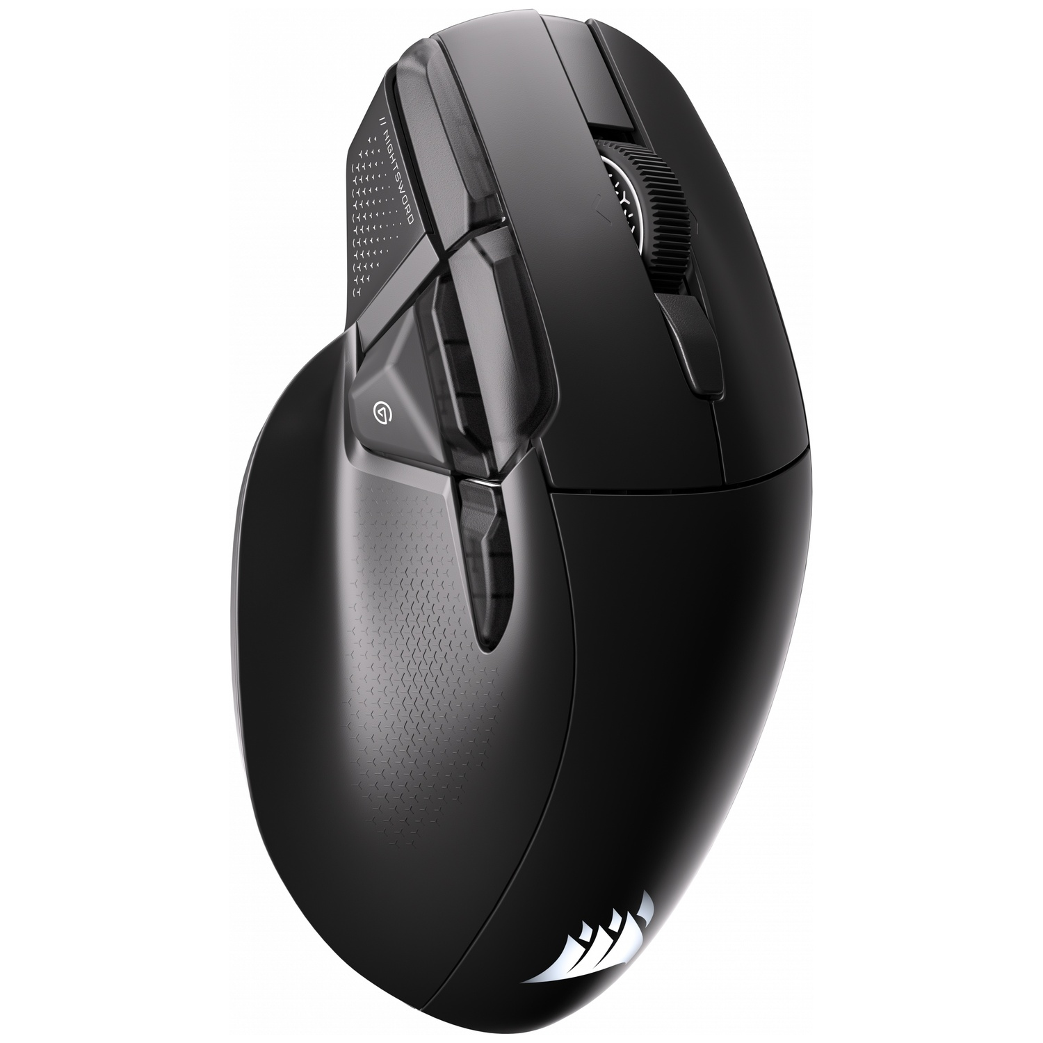 Black gaming mouse with scroll wheel and buttons, stylized on a white background.