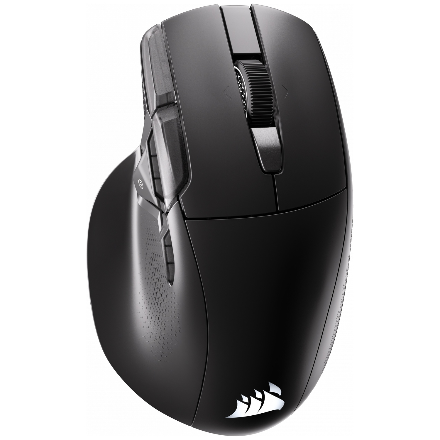 Black wireless gaming mouse with scroll wheel and Corsair logo.