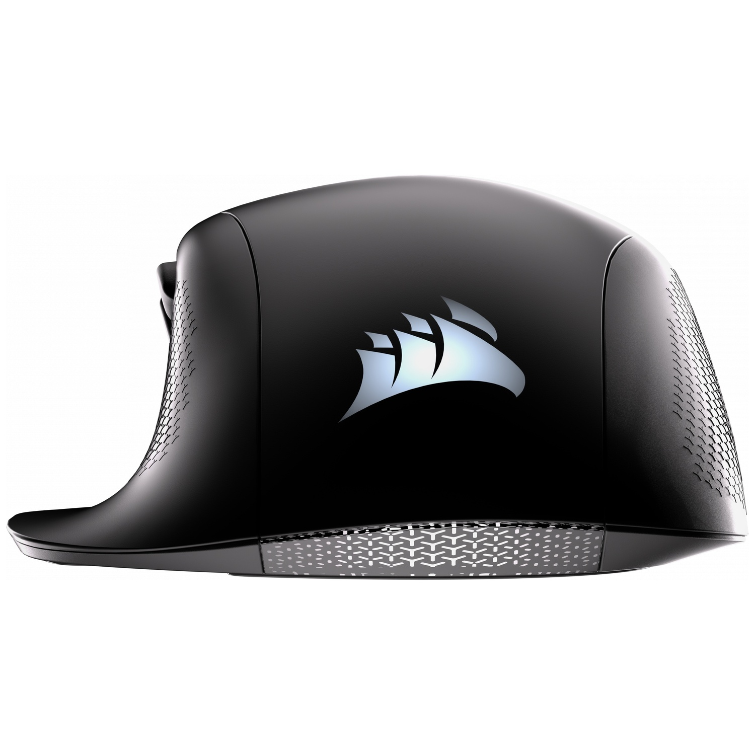 Black gaming mouse with illuminated logo and textured sides.