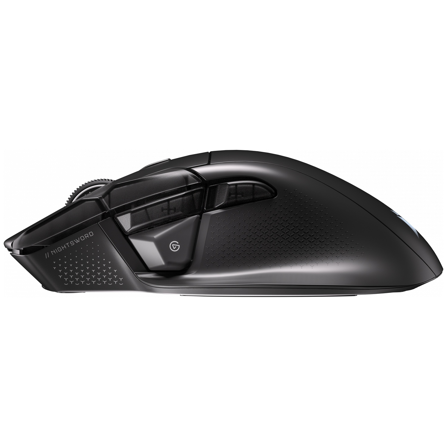 A black gaming mouse with textured grips and buttons on a white background.