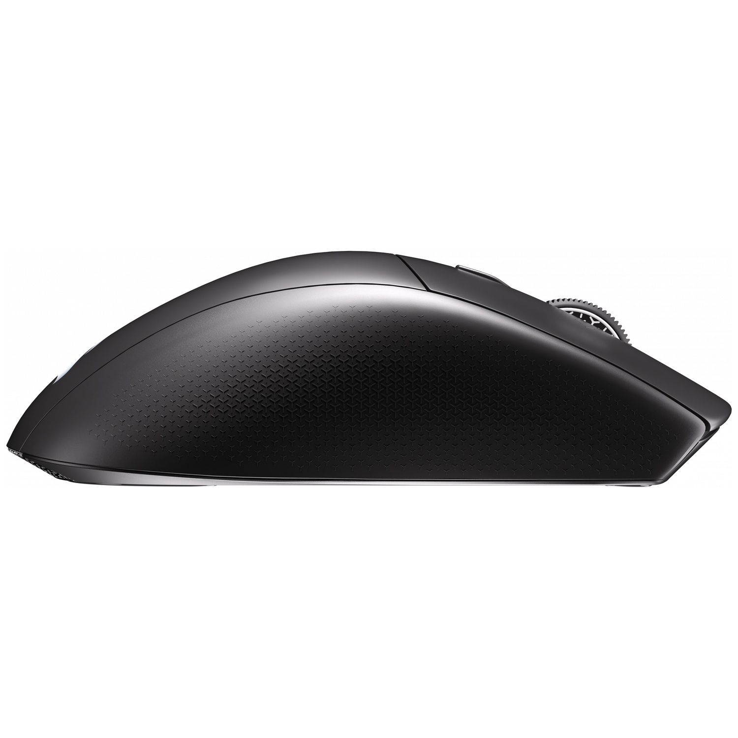 Black computer mouse with a scroll wheel and textured grip.