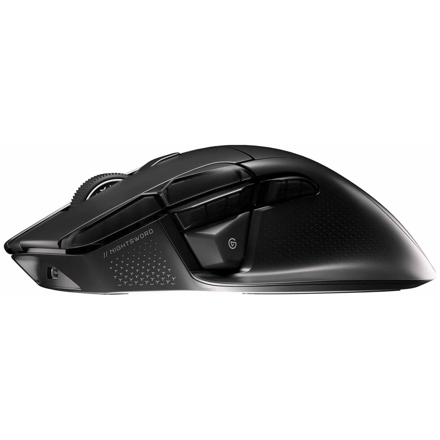 A black gaming mouse with a textured grip and scroll wheel is shown against a white background.