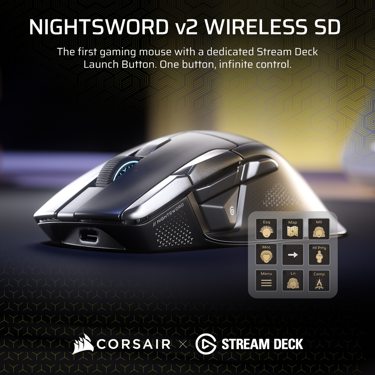 Black gaming mouse with Stream Deck button, detailed icons, and logos.