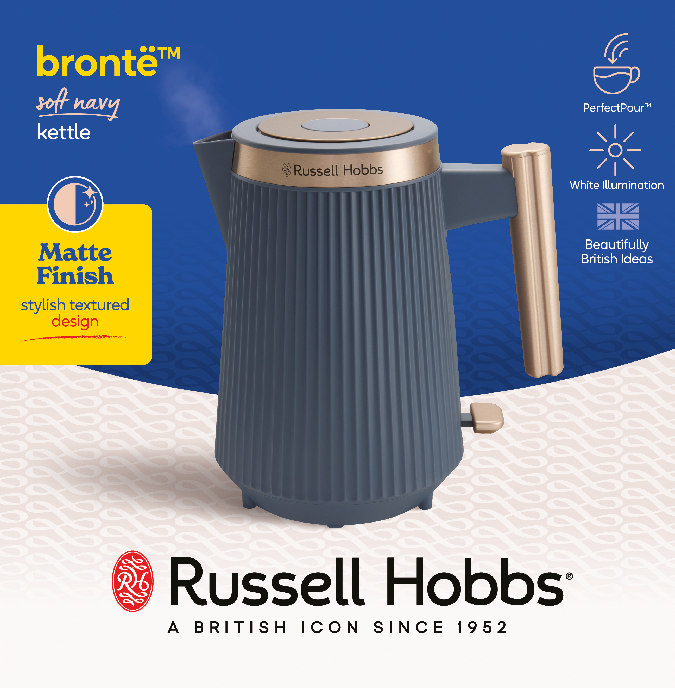 Ein grauer Russell Hobbs Wasserkocher mit matter Oberfläche und goldenen Akzenten, vor blauem Hintergrund.