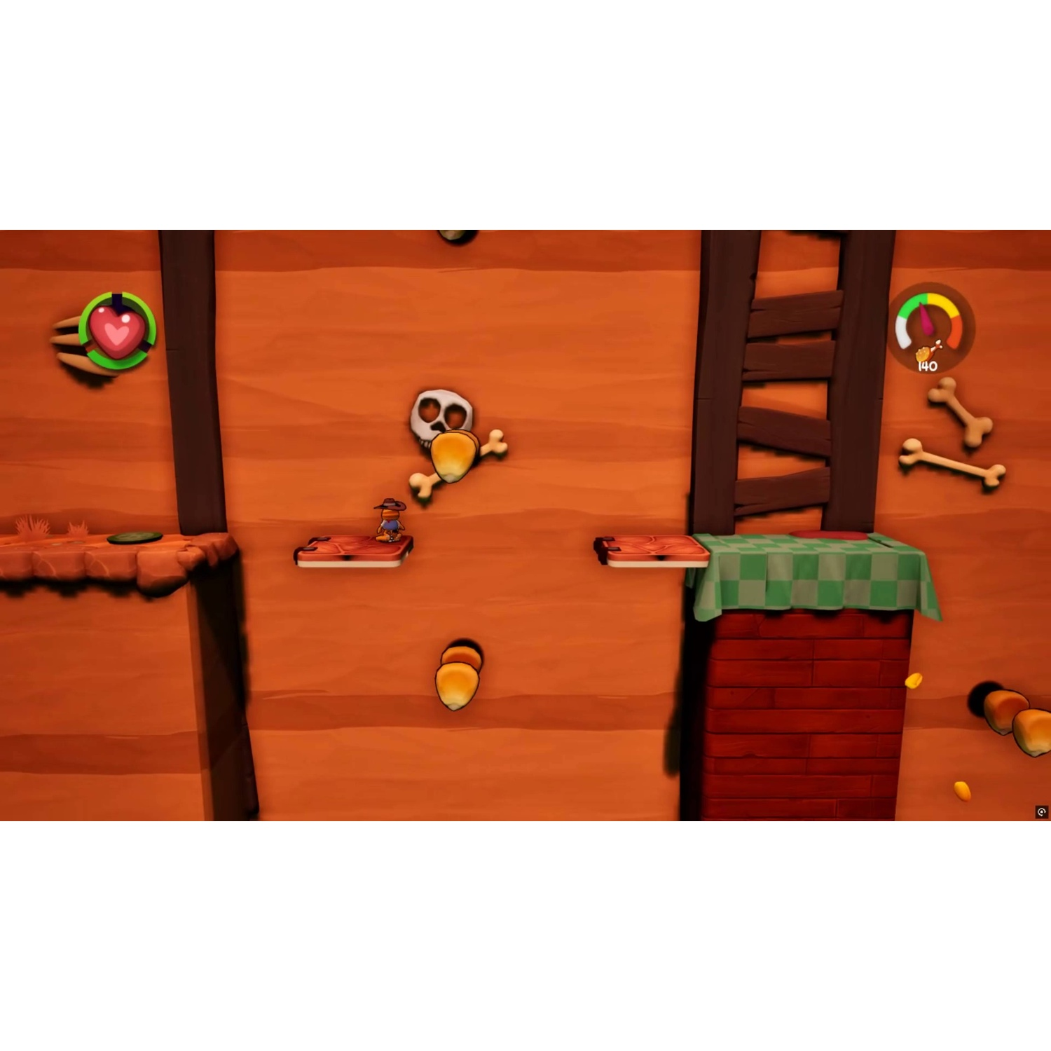 Een 3D-platformgame-scène met een personage op een klein platform, bij een schedel en botten.