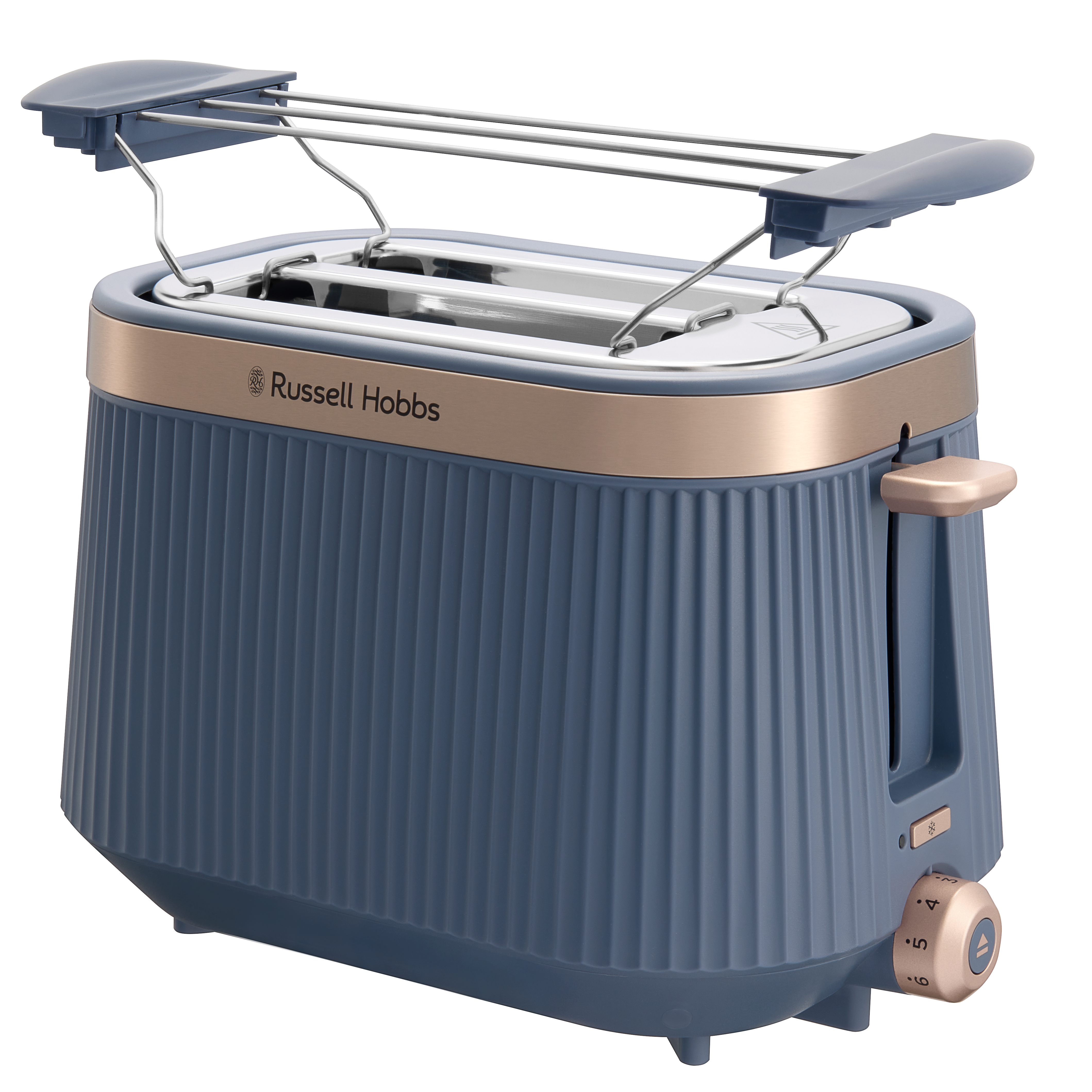 Ein blauer Russell Hobbs Toaster mit Roségold-Akzenten und einem Brötchenrost.