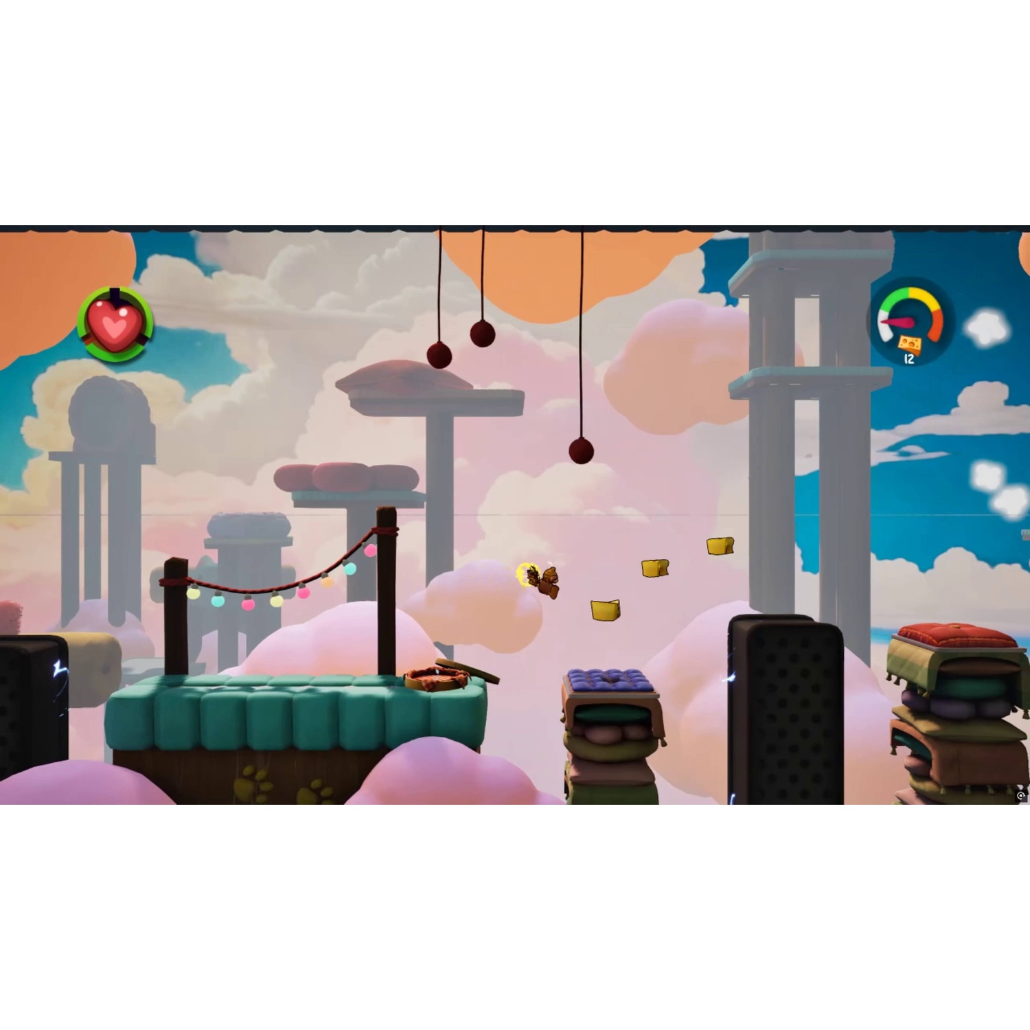 Un personnage de dessin animé vole dans un paysage céleste surréaliste avec plateformes et nuages.