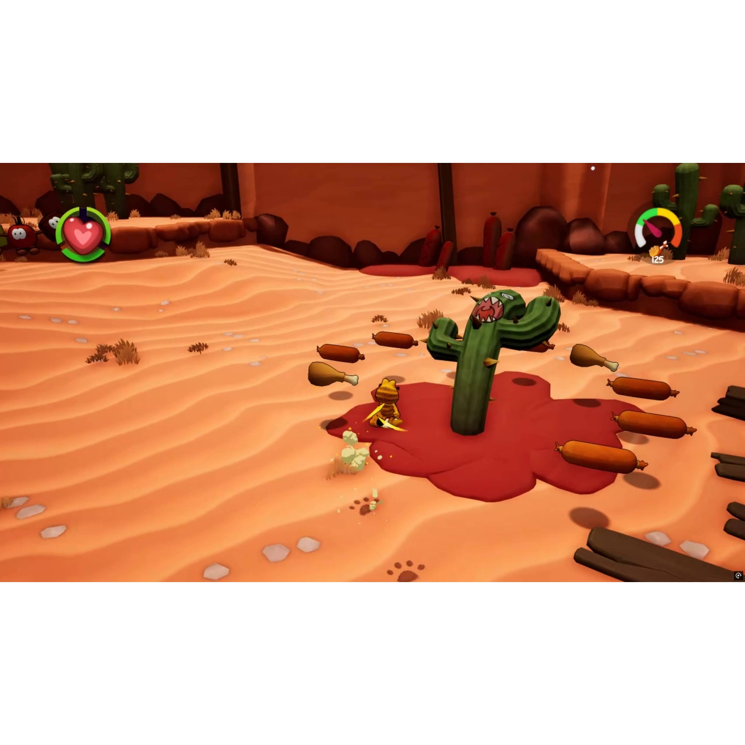 Un cactus de dessin animé avec un visage de monstre se dresse dans une mare de sang.
