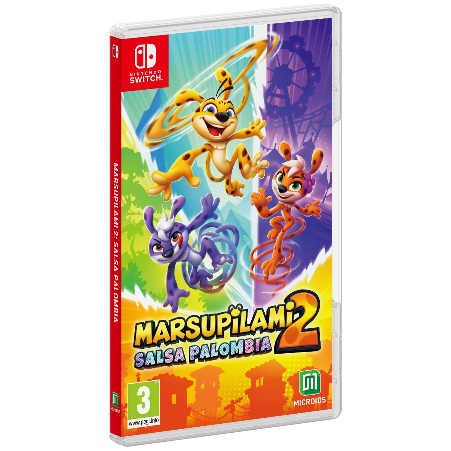 Nintendo Switch speldoos Marsupilami 2: Salsa Palombia met drie kleurrijke figuren.