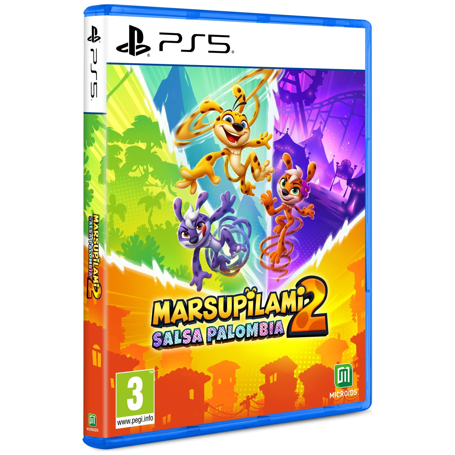 Boîte du jeu PS5 Marsupilami 2 : Salsa Palombia avec trois personnages et des arrière-plans colorés.