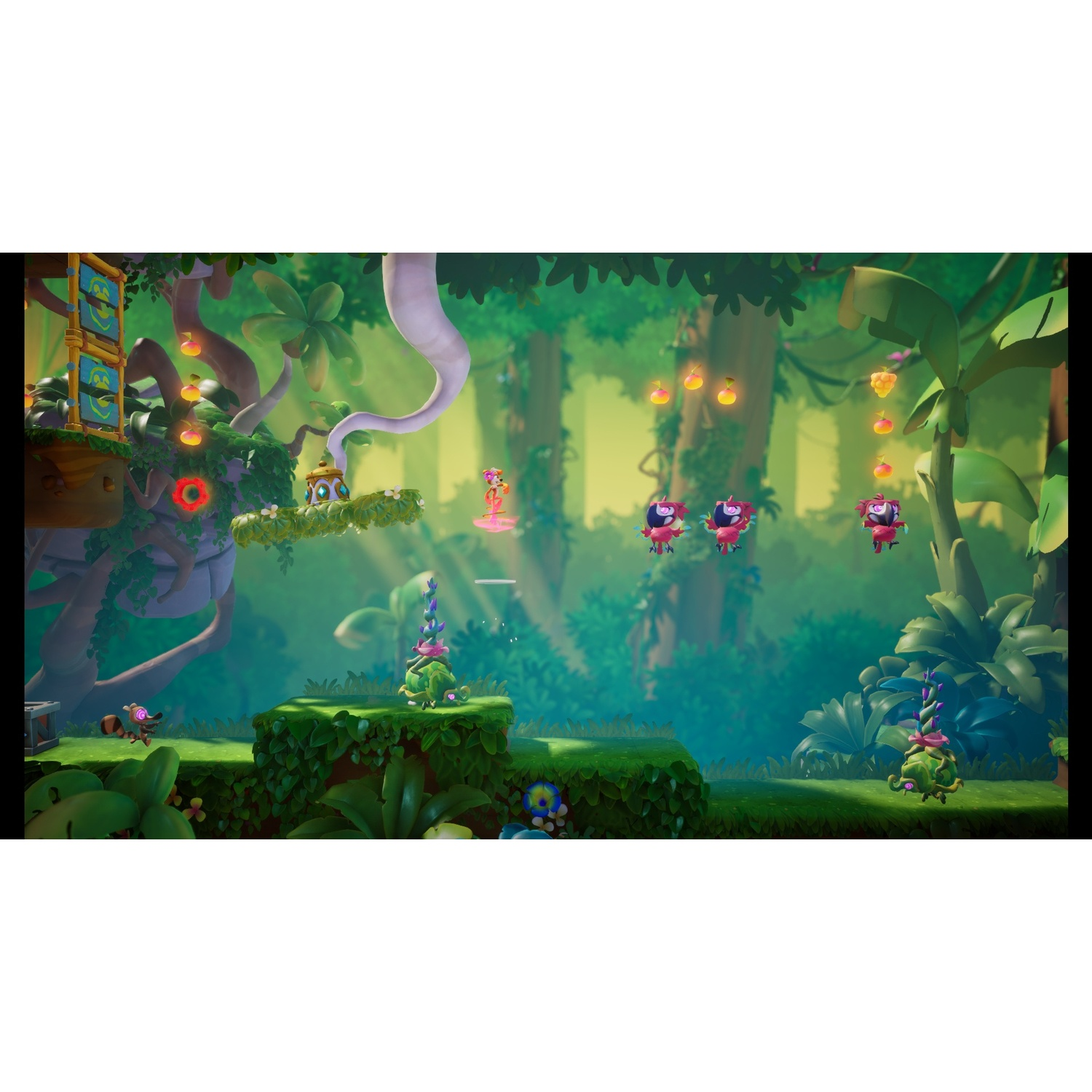 Une scène colorée de jeu de plateforme dans la jungle avec des personnages de dessin animé et des fruits brillants.