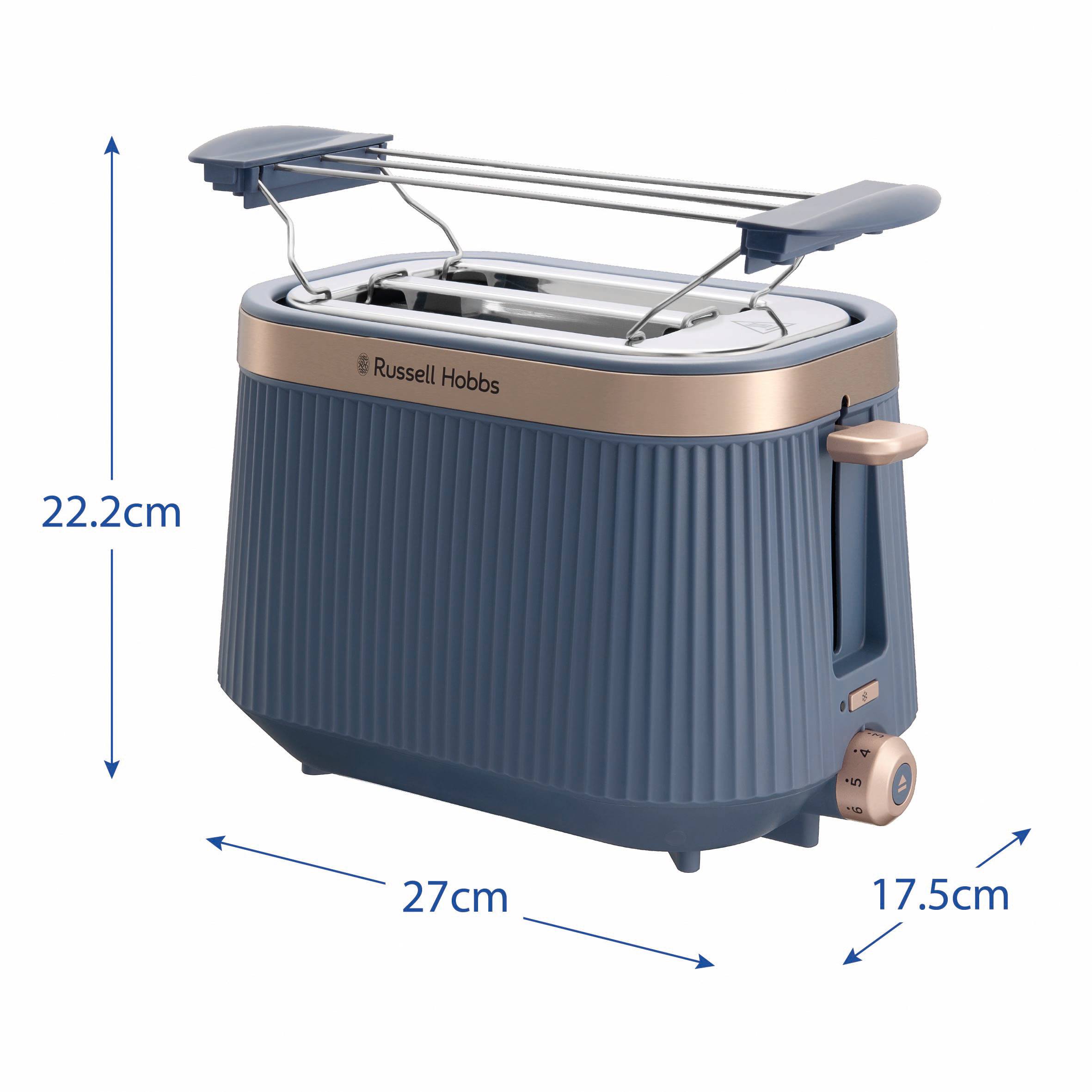 Ein blauer Toaster mit verchromtem Brötchenrost und Roségold-Akzenten.