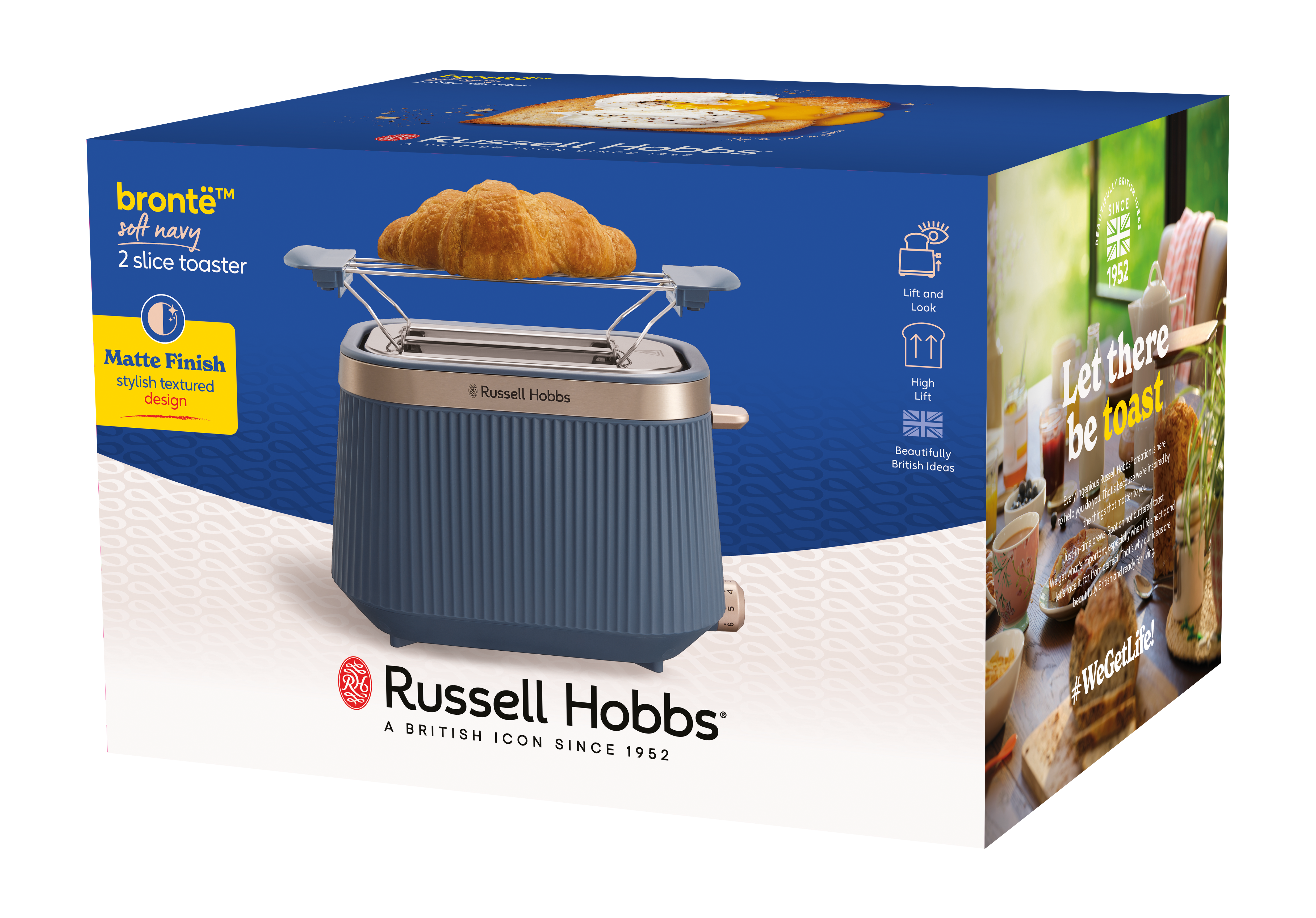Eine blaue Russell Hobbs Toaster-Verpackung mit einem Croissant.