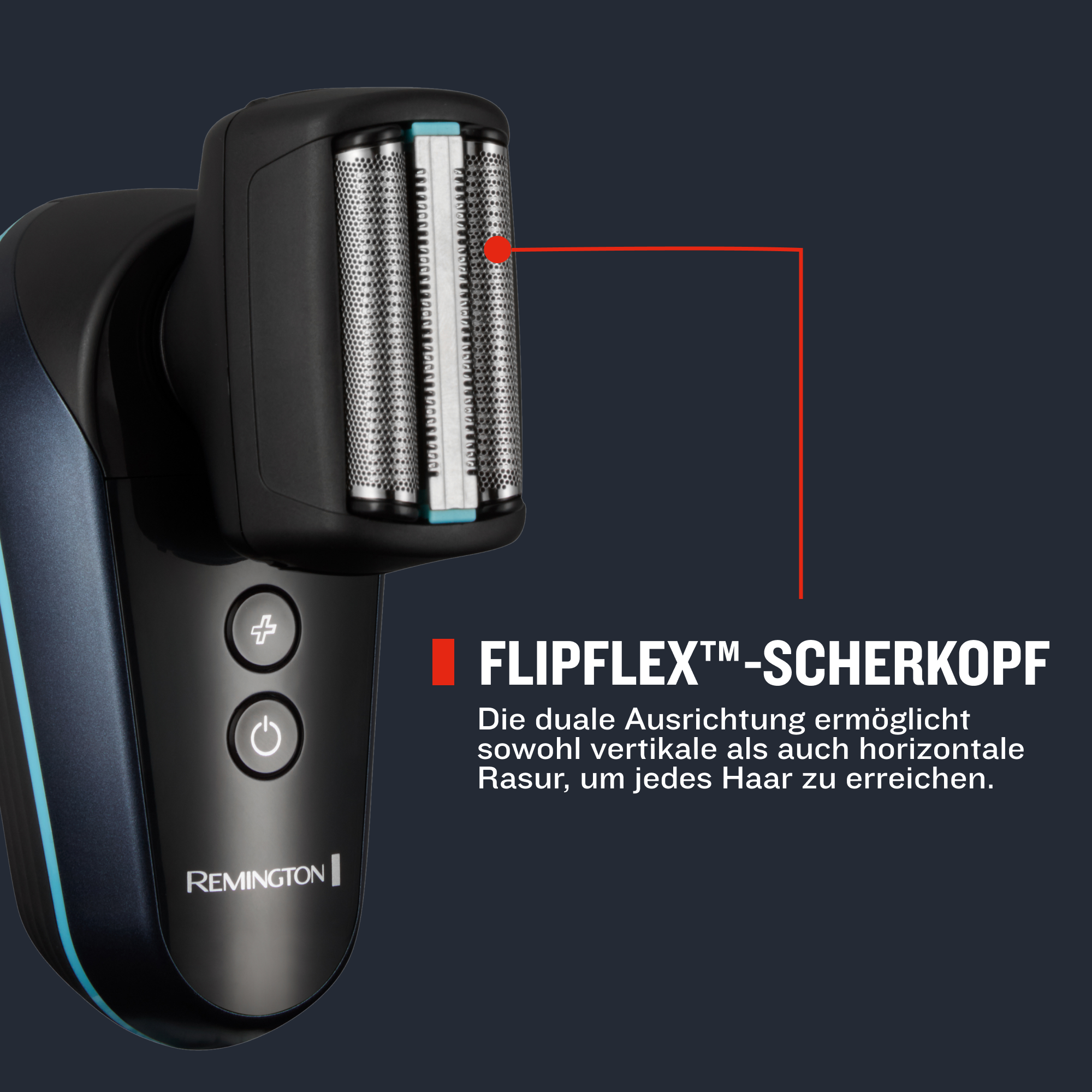 Nahaufnahme eines Remington Rasierers mit Flipflex-Scherkopf und Bedienelementen.