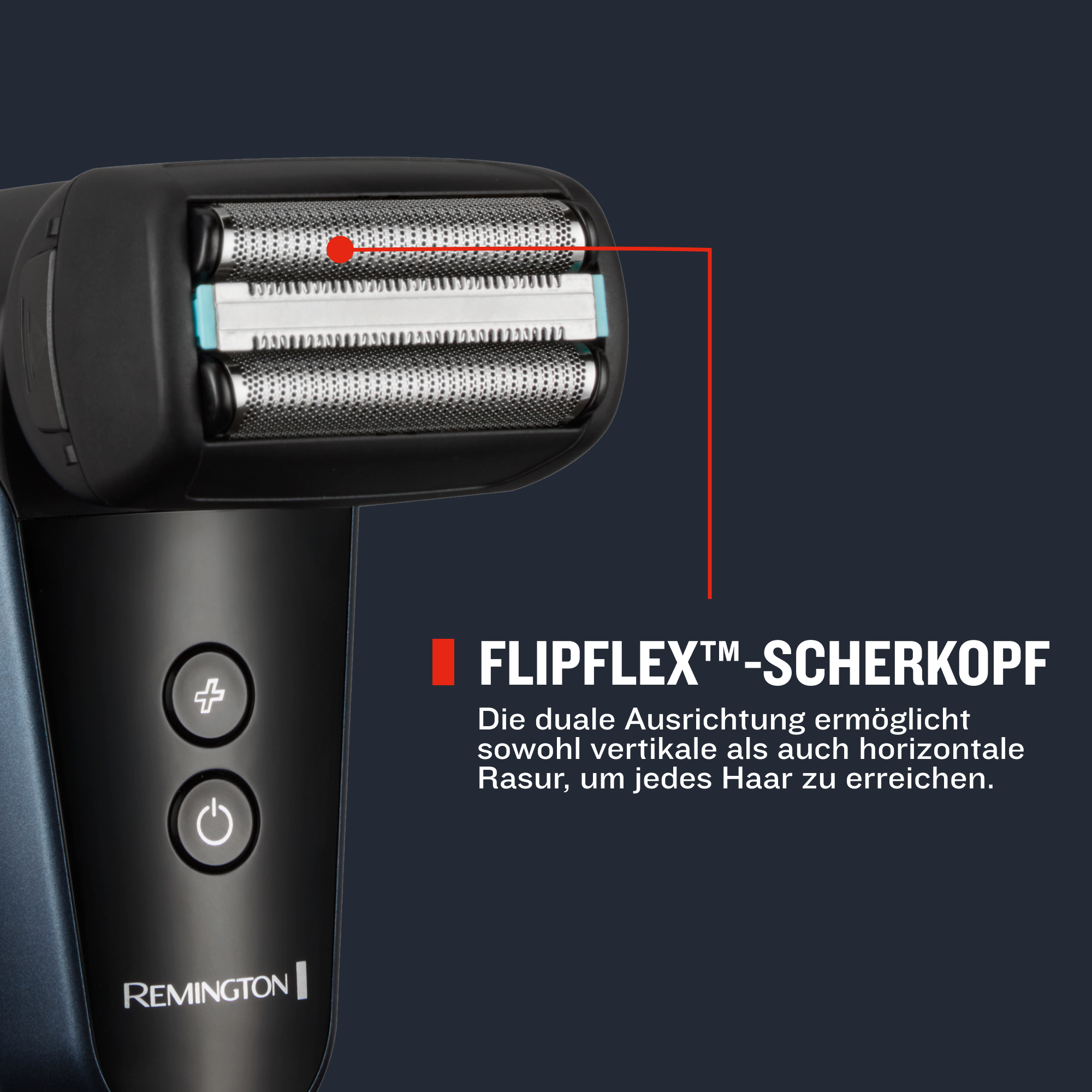 Nahaufnahme eines Remington Rasierers mit Flipflex-Scherkopf und Bedienelementen.